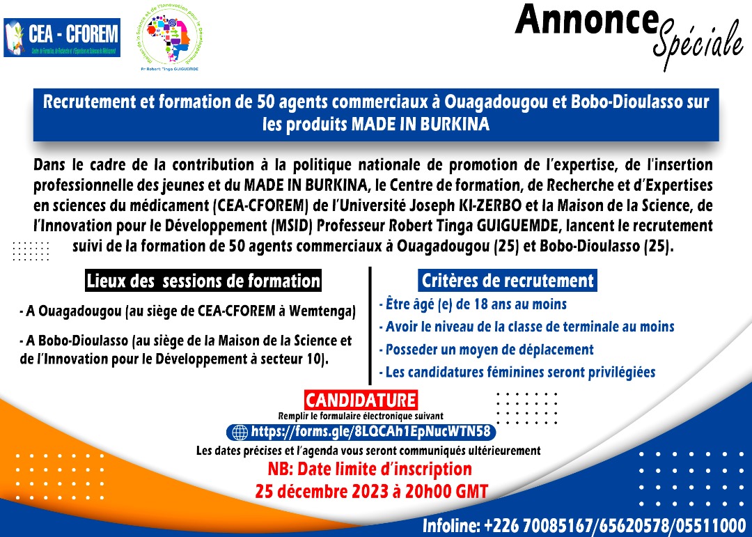 Recrutement et formation de 50 agents commerciaux à Ouagadougou et Bobo-Dioulasso Sur les produits MADE IN BURKINA